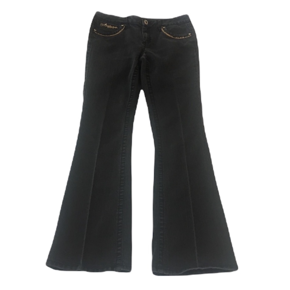 Cache Leopard Trim Black Boot Cut Jean Size: 6 - Picture 2 of 11